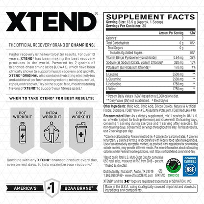 Xtend Original BCAA Powder, 7g BCAAs and 2.5g L-Glutamine for Muscle Recovery Hydration and Lean Muscle, Sugar Free Intra and Post Workout Drink with Electrolytes, Mango Madness, 30 Servings