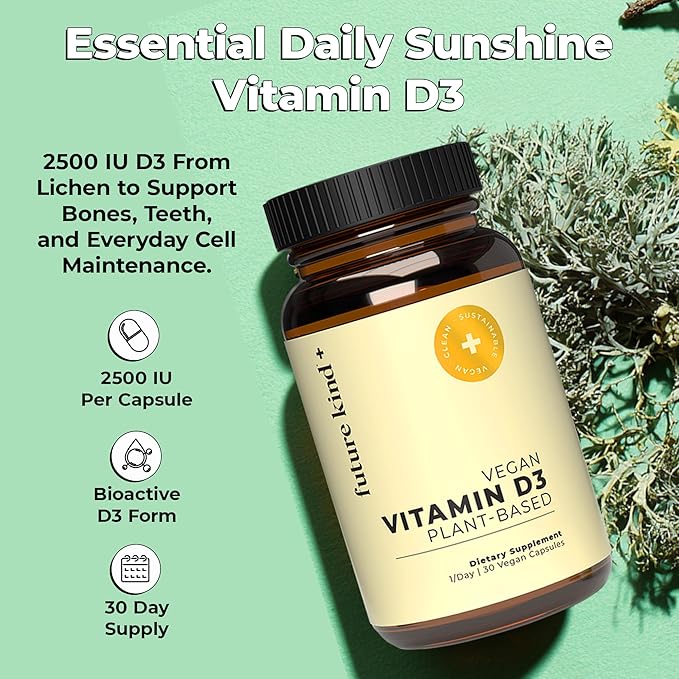 Future Kind Vitamin D3 2500 IU for Bone and Muscle Function, Vitamin D Vegan Supplement from Plant Lichen, Non-GMO, Sugar Free, Pure Vitamin D3, Promotes Natural Resilience, 30 Capsules