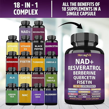 NAD Resveratrol Supplement for Women & Men. Support Cellular Health, Energy + Healthy Aging. Advanced Formula, Plus Third-Party Lab Tested in USA (60 Capsules)
