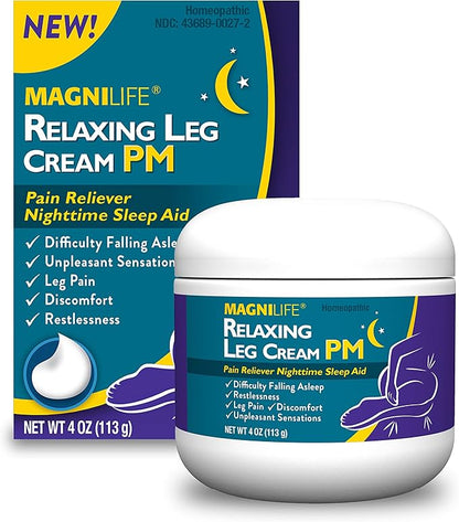 MagniLife Relaxing Leg Cream PM, 4 Oz, Homeopathic Nighttime Pain Reliever & Sleep Aid with Lavender & Magnesium, Non-Greasy Deep Penetrating Cream for Restless Legs & Discomfort