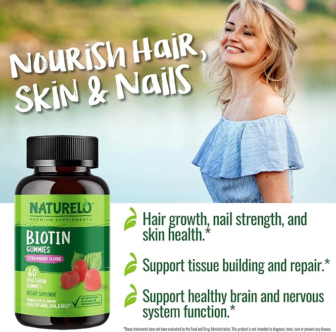 NATURELO Biotin Gummies - Supports Healthy Hair, Skin & Nails - High Potency 2500 mcg - Non GMO, Gluten Free - 60 Gummies