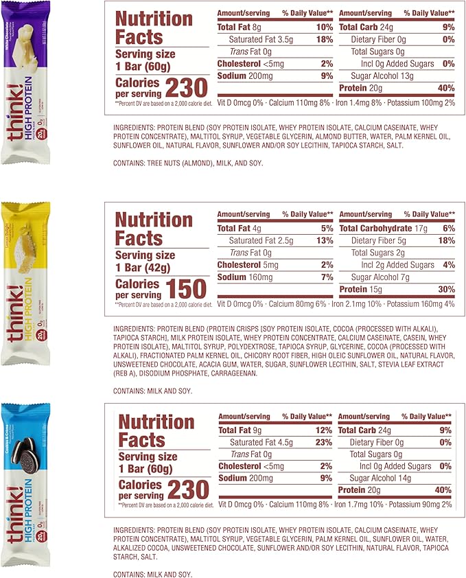 think! Protein Bars, High Protein Snacks, Gluten Free, Kosher Friendly,Variety Pack, Nutrition Bars, 2.1 Oz per Bar, 12 Count (Packaging May Vary)
