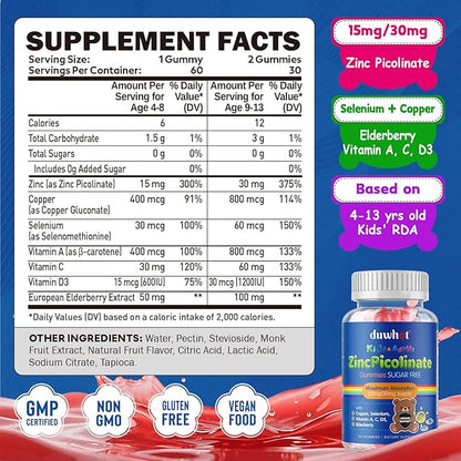 Zinc for Kids Supplements, Zinc Picolinate 30mg Gummies with Copper, High Absorption Form, with Selenium, Elderberry, for Kids Teens Growth, Skin & Immune Health, Sugar Free, 120 Gummies