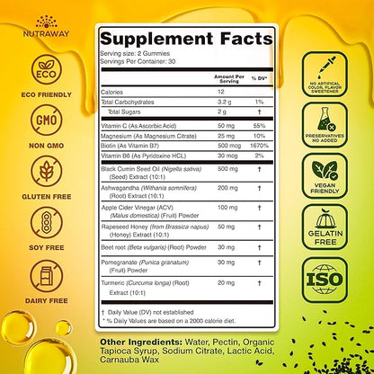 Black Seed Oil Gummies – Black Cumin Seed Oil, Ashwagandha, ACV, Biotin, Turmeric, Beet Root, Pomegranate, Vitamins C & B6 – Clean-Label Multivitamin Gummies for Adults & Kids