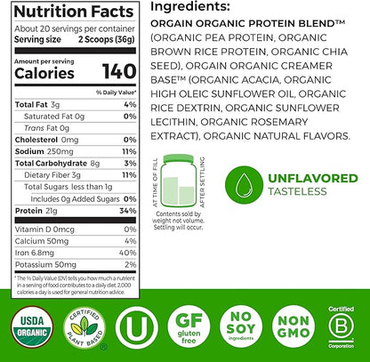 Orgain Organic Vegan Protein Powder, Natural Unsweetened - 21g of Unflavored Plant Protein, 4g Prebiotic Fiber, Low Net Carbs, No Added Sugar, Non-GMO, For Shakes & Recipes, 1.59 lb