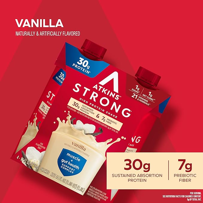 Atkins Strong High Protein Shake,Vanilla Flavored,30g Protein,Low Carb and Low Sugar Shake,Keto Friendly,Gluten Free,Muscle and Gut Health Support Complex,(Pack of 24)