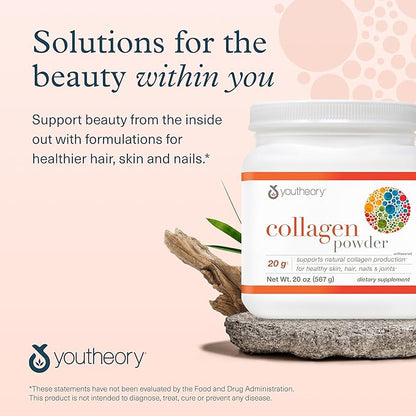 Youtheory Collagen Powder - 20 g Hydrolyzed Collagen Peptides - with Vitamin C, Biotin & Amino Acids - Supports Joint & Bone Health* - Unflavored - 20 oz (21-Day Supply)