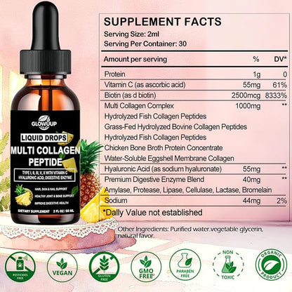 Multi Collagen Peptides Liquid Drops for Women & Men-Type I, II, III, V, X丨Hydrolyzed Collagen Peptides, Collagen Proteins W. Hyaluronic Acid, Biotin & Vitamin C for Hair Skin & Joint Gut Health