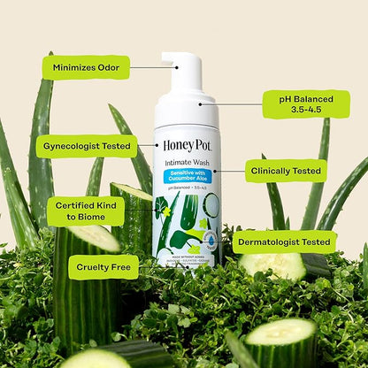 The Honey Pot Company - Feminine Wash - Herbal Infused - Sensitive Skin Types - PH Balanced Plant Based Hygiene Products - Sensitive w/Cucumber Aloe - 5.51 Fluid Oz.