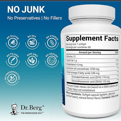 Dr. Berg Omega-3 Cod Liver Fish Oil 60 Softgels – Wild-Caught Icelandic Cod – Omega 3 EPA & DHA – Heart, Brain, Immune & Eye Support* – Lemon Flavor – 4X Lab-Tested – Non-GMO, No Fillers