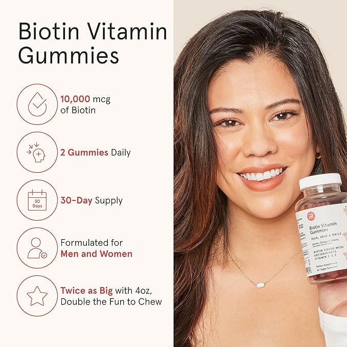 iRestore Biotin Gummies 10,000 mcg - 3 Natural Fruit Flavors, Hair Vitamins Multi Supplement for Hair Skin and Nails for Women & Men, 60 Vegan Gummies, 30 Day Supply