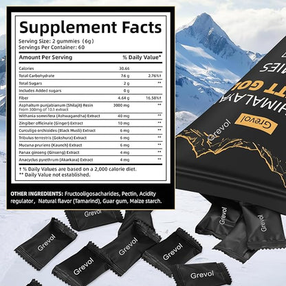 Grevol Himalayan Shilajit Gummies with Ashwagandha Fulvic Acid & 85+ Trace Minerals - No Added Sugar - Individually Wrapped - 120 Gummy
