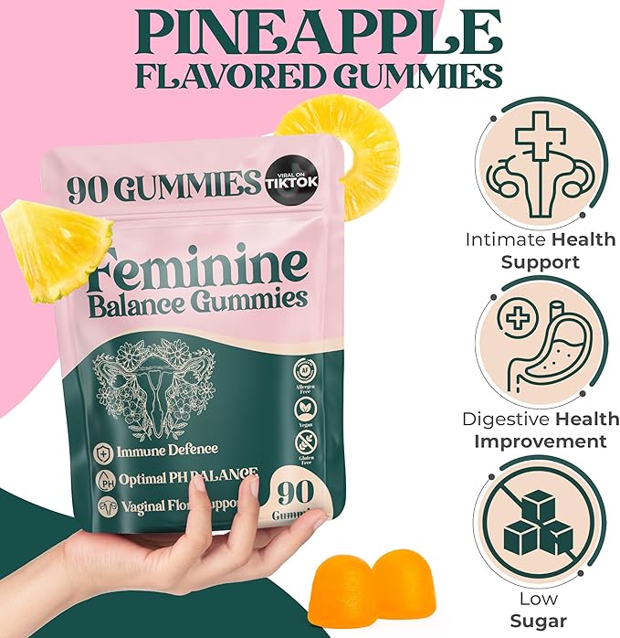 Premium Feminine Balance Gummies - for Women’s Health & Wellness - Immune Support - Vegan, Gluten-Free - Hawaiian Pineapple - 90 Gummies - 45 Servings