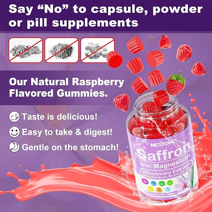 Nextdia Saffron with Magnesium Glycinate Gummies, 2 Months Supply -Sugar Free Magnesium 400/200mg w/Saffron,Rhodiola,Rosemary, B6,B12,D3 for S-leep, Calm,Focus, Relax, Nerve, Melatonin Free Gummies