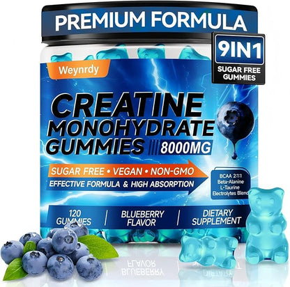 Creatine Monohydrate Gummies Complex 8000mg for Men & Women, Sugar Free Creatine Gummy with L-Taurine, BCAA 2:1, B12＆6, for Muscle Growth, Energy Boost & Recovery, Vegan, Gluten-Free, 120 Count