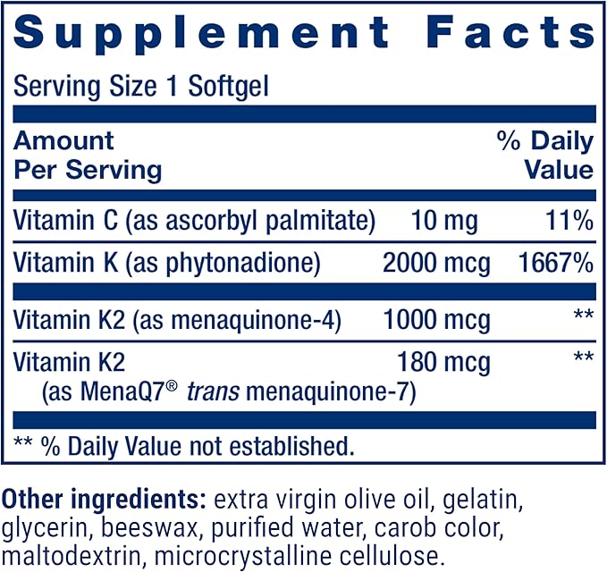 Life Extension Super K, Vitamin K Supplement, 2000 Mcg Vitamin-K and 1180 Mcg Vitamin K2, Heart Health, Once-Daily, 90 Softgels (Pack of 2)