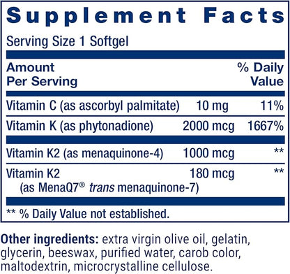 Life Extension Super K, Vitamin K Supplement, 2000 Mcg Vitamin K and 1180 Mcg Vitamin K2, Heart Health, Once-Daily, 90 Softgels