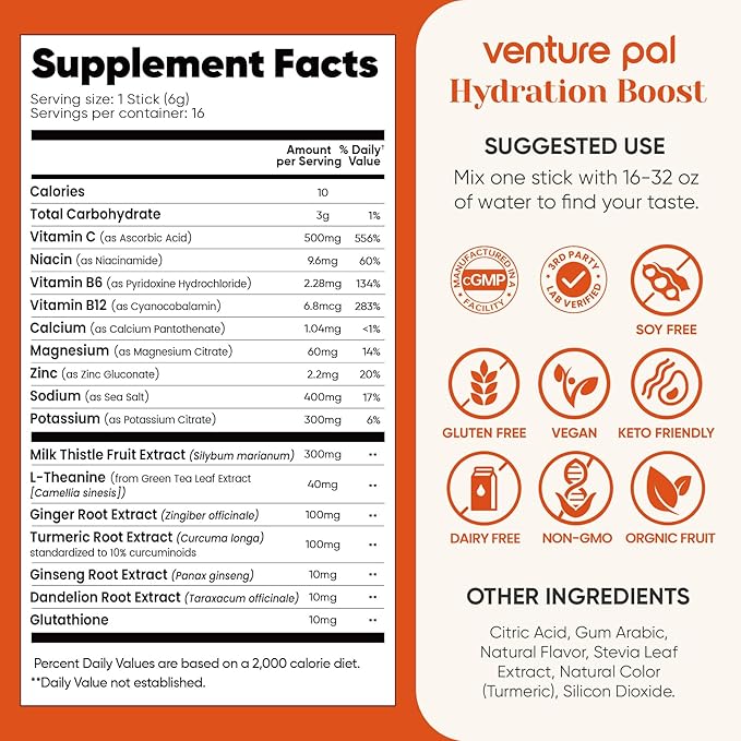 Venture Pal Hydration Packets + Liver Support- Liquid Daily IV Electrolyte Powder Packets with 7 Electrolytes & 5 Vitamins, Milk Thistle + L-Theanine | Sugar-Free | Keto Friendly | Vegan, 16 Sticks