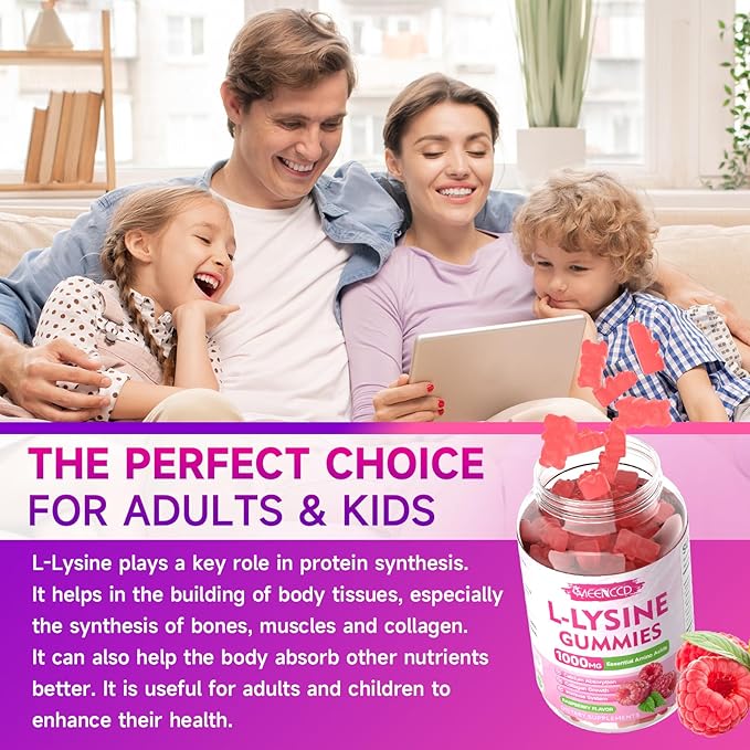 MEENCCD 2 Pack L-Lysine 1000mg Gummies, Lysine Supplement for Adults & Kids, Essential Amino Acid Supplement Supports Collagen Formation, Sugar-Free, Raspberry Flavor, 120 Count