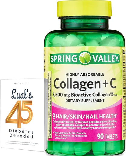 Spring Valley Collagen + C Tablets for Hair/Skin/Nail Health, 2,500 mg, 90 Count, Highly Absorbable, Collagen Plus Vitamin C Bundle with Luall's 45 Diabetes Decoded