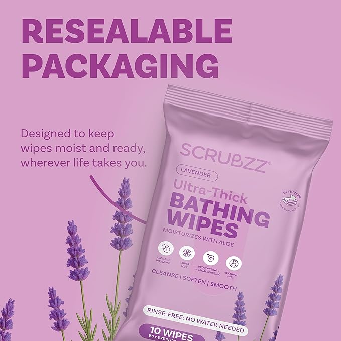 Extra Large Bath Wipes for Adults Bathing No Rinse - 120 Disposable Body Cleansing Wipes for Men, Women & Elderly - Great for Gym, Camping, Post Surgery - Lavender