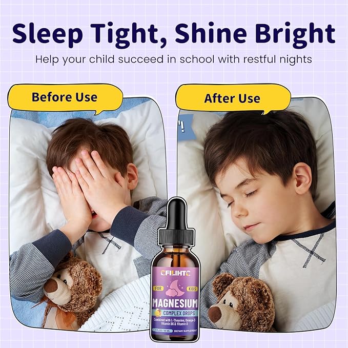 Kids Magnesium Liquid Drops-Magnesium Glycinate Liquid for Kids Supplement-w/L-theanine, Omega-3, Vitamin B6, D3 - for Sleep, Relaxation, Brain, Bones - Mango Flavor, 4 Fl Oz