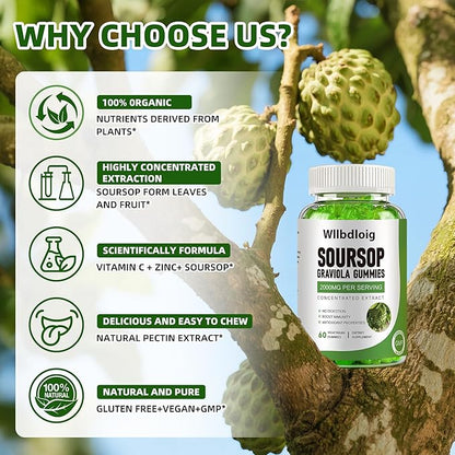 Soursop Graviola Gummies Soursop Leaves Extract- Natural Sour SOP Gummy w/Zinc & Vitamin C-Supports Immunity,Antioxidant,Liver & Digestive,Gluten Free,Vegan,60 Gummies