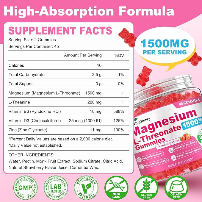 180 Count Magnesium L-Threonate Gummies, High Absorption Magnesium Threonate Supplement for Adults & Kids, Support Brain Health, Memory, Focus, Restful zzZ & Muscle, Sugar Free, Vegan, Non-GMO