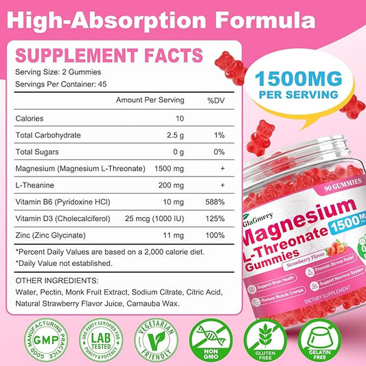 180 Count Magnesium L-Threonate Gummies, High Absorption Magnesium Threonate Supplement for Adults & Kids, Support Brain Health, Memory, Focus, Restful zzZ & Muscle, Sugar Free, Vegan, Non-GMO