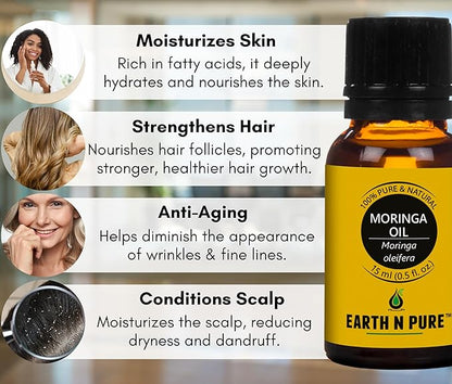 Earth N Pure Moringa Oil Cold Pressed, Pure and Natural with Glass Dropper 15 ml