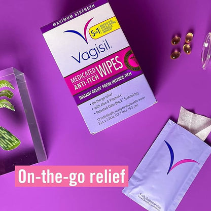 Vagisil Anti-Itch Medicated Feminine Intimate Wipes for Women, Maximum Strength, Gynecologist Tested, 12 Wipes (Pack of 3)