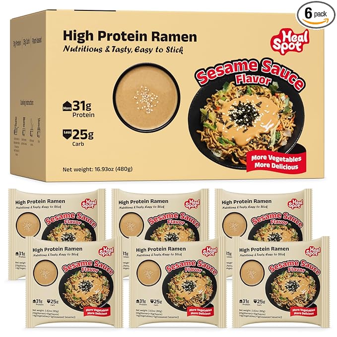 HealSpot High Protein Instant Ramen, 31g Plant Based Protein, Low Fat, Low Carb, Non GMO, Keto Friendly, Plant Based Dry Mixed Ramen, 6 Packs of Sesame Sauce Flavor