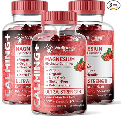 Magnesium Glycinate Gummies, 1000 mg - Magnesium Supplement to Support Relaxation, Heart Health - Chewable Calm Magnesio Gummies for Adults, Glicinato De Magnesio - Strawberry Flavor - Pack of 3