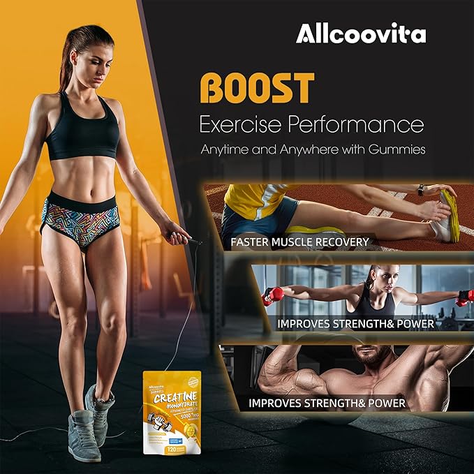 Allcoovita Creatine Monohydrate Gummies 5g for Men & Women. Boost Focus,Strength, and Endurance, Anti-Melting Formula, Vegan, Gluten-Free, Non-GMO,(Mango 120 ct)