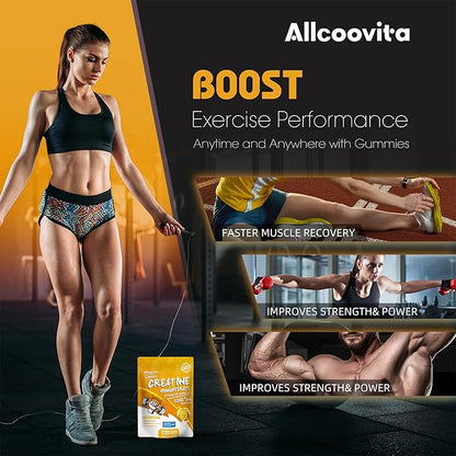 Allcoovita Creatine Monohydrate Gummies 5g for Men & Women. Boost Focus,Strength, and Endurance, Anti-Melting Formula, Vegan, Gluten-Free, Non-GMO,(Mango 120 ct)