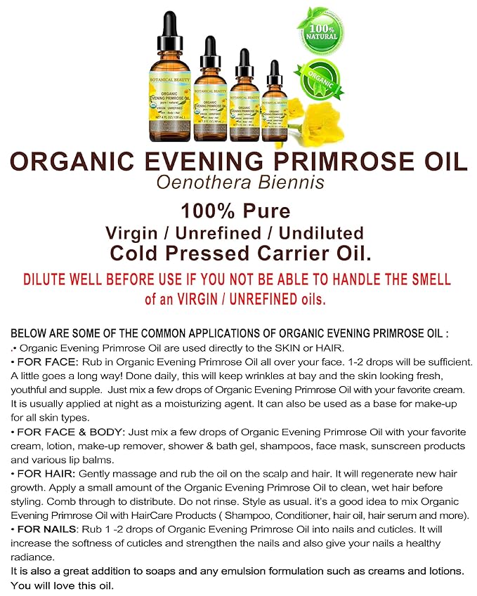 Botanical Beauty Organic EVENING PRIMROSE OIL 100% Pure Natural Undiluted Unrefined Virgin Cold Pressed Carrier Oil for face, skin, hair, nails (1 Fl Oz 30 ml)
