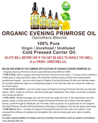 Botanical Beauty Organic EVENING PRIMROSE OIL 100% Pure Natural Undiluted Unrefined Virgin Cold Pressed Carrier Oil for face, skin, hair, nails (1 Fl Oz 30 ml)