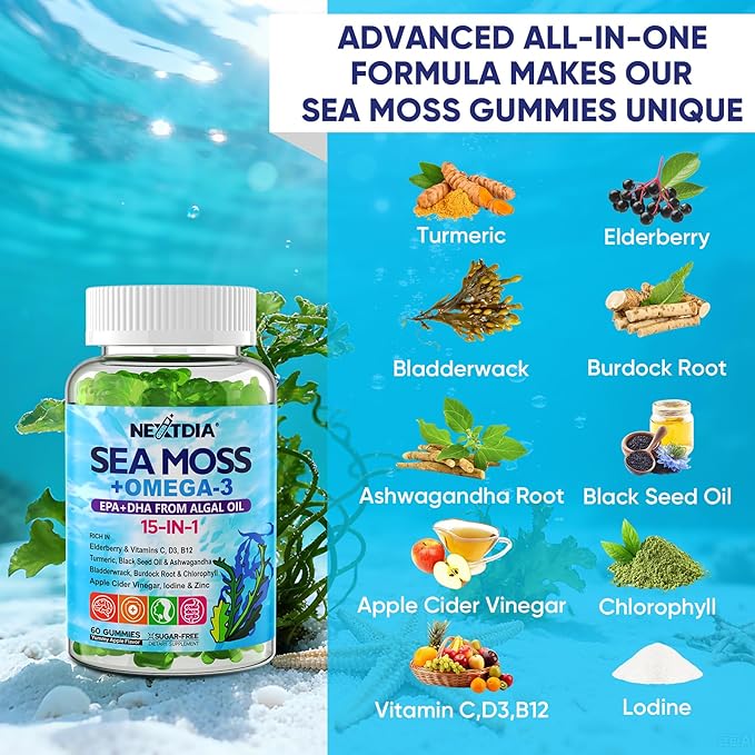 Sea Moss Gummies + Algae Omega-3 for Men Women, Sugar-Free Vegan 15-IN-1 Irish Seamoss Superfood with/EPA DHA, Vitamins B12 D3, Turmeric, Elderberry, Burdock Root, Support Energy, Brain, Immune 1 Pack