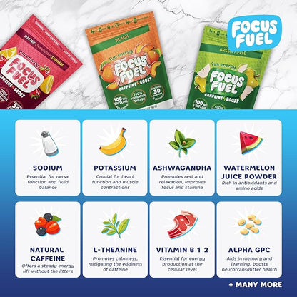 FocusFuel Energy Chews – Trial Size Variety Sample Pack (9 Servings) – 100mg Caffeine + Alpha GPC + L-Theanine + B12, Magnesium – Peach, Green Apple, Strawberry Lemonade Flavors – No Crash or Jitters