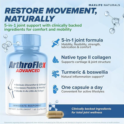 MAXLIFE NATURALS ArthroFlex Advanced Joint Health Supplement – 60 Capsules - Vital Joint Supplements for Women and Men, Type II Collagen Cartilage Supplement, Made in USA Health Care Supplements