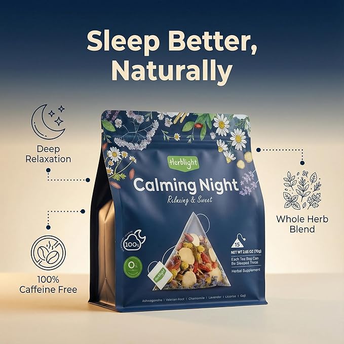 Herblight Bedtime Tea with Valerian Root & Ashwagandha - Caffeine-Free Night Time Herbal Blend for Deep Relaxation - Premium Whole Leaf Sleep Tea (15 Pyramid Bags)