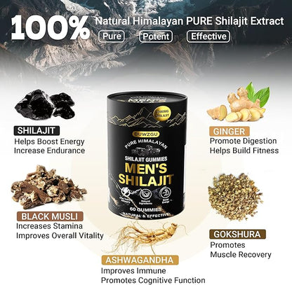 Himalayan Shilajit Gummies for Men & Women –100% Natural Organic Gold Gummies 3000mg with Ashwagandha,Black Musli,Helps Boost Energy,Gokshura,Stamina Vitality Support -Vegan, Non-GMO - 60 Gummies