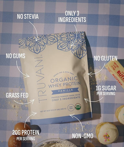 Truvani Organic Whey Protein Powder | Vanilla | 20g Grass Fed Whey Protein | 20 Servings | USDA Organic & Non-GMO | Gluten Free | No Gums, No Soy, No Stevia, No Added Sugars