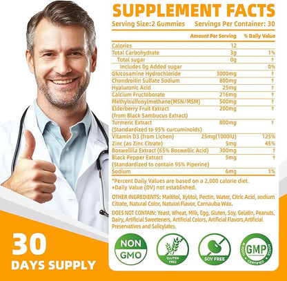 Nutravita Glucosamine Chondroitin Gummies with MSM & Elderberry Extra Strength - Joint Support, Antioxidant Immune Support Supplement for Adults, Men & Women.120 Orange Chews