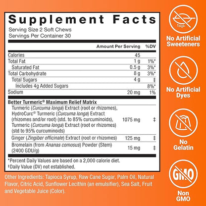 Force Factor Better Turmeric Maximum Joint Support, 1075mg Curcumin with Ginger to Support Mobility, Flexibility & Comfort, Chews More Convenient Than Turmeric Gummies, Fruit Punch, 60 Soft Chews