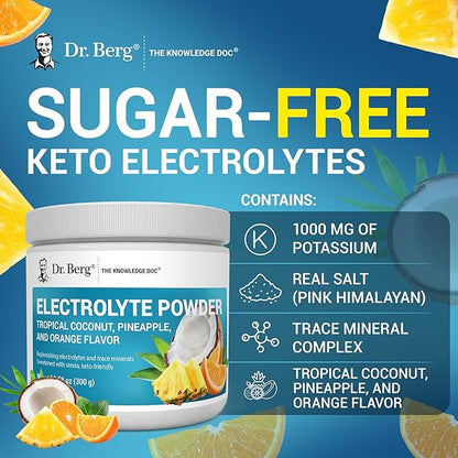 Dr. Berg Zero Sugar Hydration Keto Electrolyte Powder - Enhanced w/ 1000 mg of Potassium & Real Pink Himalayan Salt (NOT Table Salt) - Tropical Coconut, Pineapple & Orange Drink Supplement 50 Servings