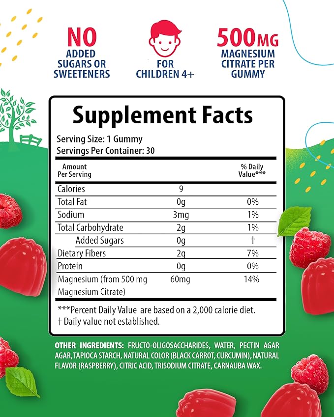 Sugar-Free Magnesium Gummies for Kids & Teens - 500mg Calm Magnesium Citrate - Chewable Magnesium Gummy Supplement for Sleep, Mood & Muscle Support - Citrato de Magnesio para Niños - 30 Days Supply