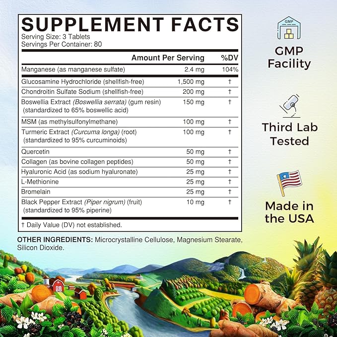 Vitalitown Glucosamine Chondroitin MSM | Collagen, Boswellia, Turmeric, Hyaluronic Acid, Bromelain | Triple Action+ Formula | 12 Ingredients | 240 Tablets, No Shellfish