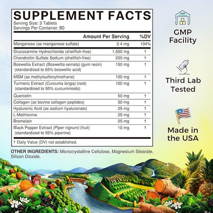 Vitalitown Glucosamine Chondroitin MSM | Collagen, Boswellia, Turmeric, Hyaluronic Acid, Bromelain | Triple Action+ Formula | 12 Ingredients | 240 Tablets, No Shellfish