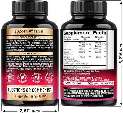 NUTRAHARMONY D-Mannose 2000mg with Cranberry & Hibiscus - Clinically Tested Strength for Urinary Tract Health - Supplement for Women - Bladder, Liver & Microflora Support - Vegan, 180 Capsules